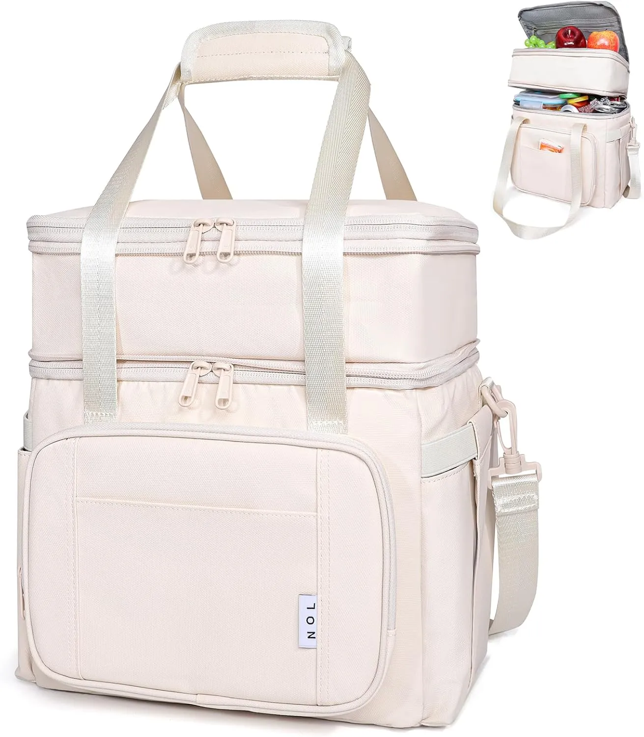NOL Natural Organic Lifestyle Insulated Lunch Bag for Women/Men, Large Double-layer Expandable Leakproof Lunch Cooler Bag, Lunch Tote Bag With Side Tissue Pocket for Office Travel Picnic (Cream)