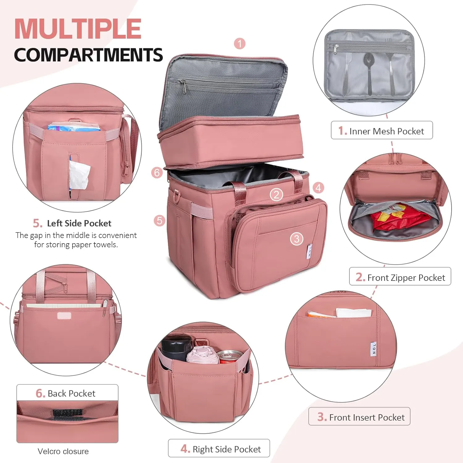 NOL Natural Organic Lifestyle Insulated Lunch Bag for Women/Men, Large Double-layer Expandable Leakproof Lunch Cooler Bag, Lunch Tote Bag With Side Tissue Pocket for Office Travel Picnic (Dark pink)