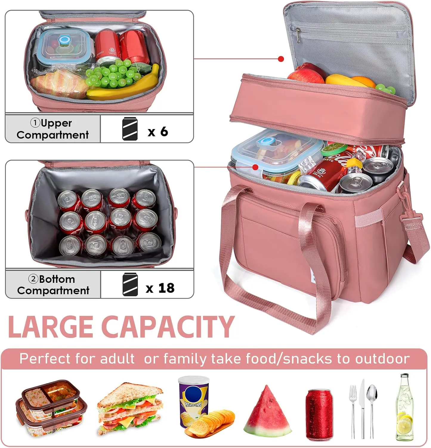 NOL Natural Organic Lifestyle Insulated Lunch Bag for Women/Men, Large Double-layer Expandable Leakproof Lunch Cooler Bag, Lunch Tote Bag With Side Tissue Pocket for Office Travel Picnic (Dark pink)