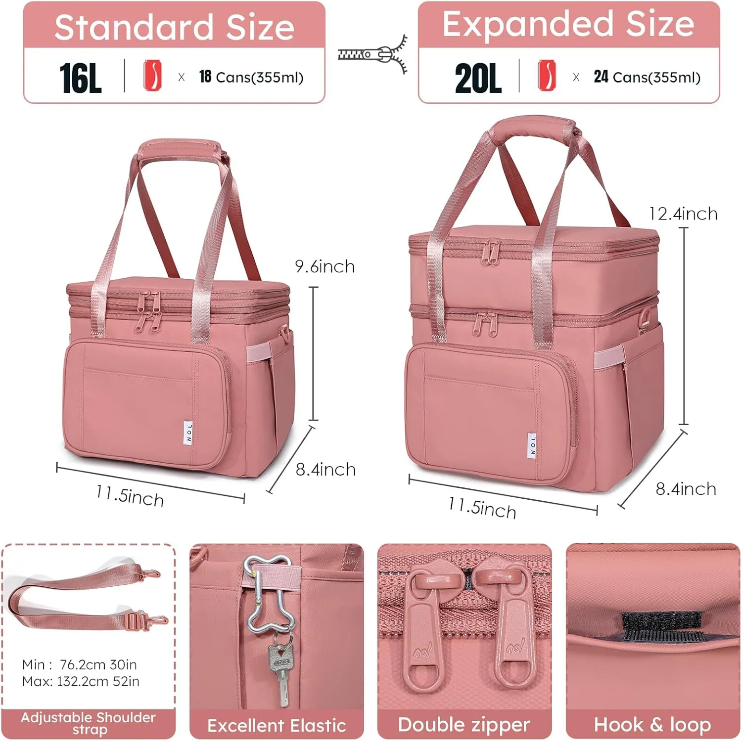 NOL Natural Organic Lifestyle Insulated Lunch Bag for Women/Men, Large Double-layer Expandable Leakproof Lunch Cooler Bag, Lunch Tote Bag With Side Tissue Pocket for Office Travel Picnic (Dark pink)