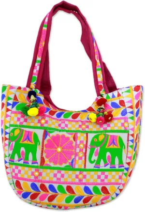 NOVICA Artisan Hand Embroidered Tote Handbag Floral Elephant from India Handbags Multicolor ' Elephant Flower in Eggshell'