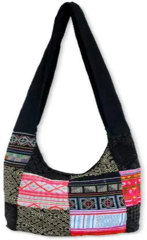 NOVICA Artisan Handcrafted Cotton Sling Tote Bag Hill Tribe Patchwork Coconut Shell Handbags Multicolor Slings Patterned Thailand ' Hmong Tradition'