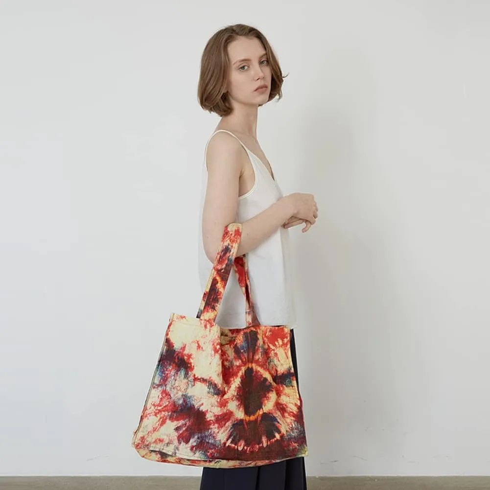 O&ON Linen Tote Bag Handmade Shoulder bag with Natural Linen, Tie Dye Beach Bag, Shopping Bag, Lightweight and Sturdy Bag