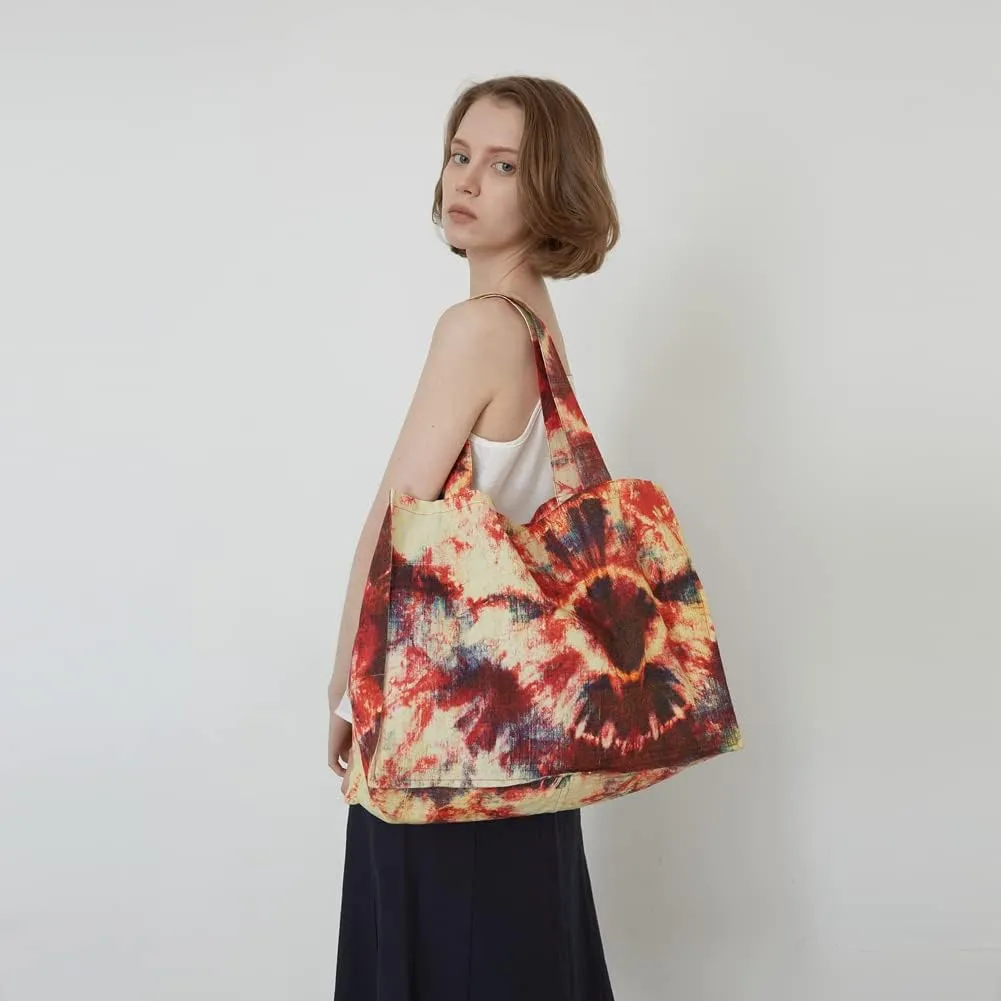 O&ON Linen Tote Bag Handmade Shoulder bag with Natural Linen, Tie Dye Beach Bag, Shopping Bag, Lightweight and Sturdy Bag
