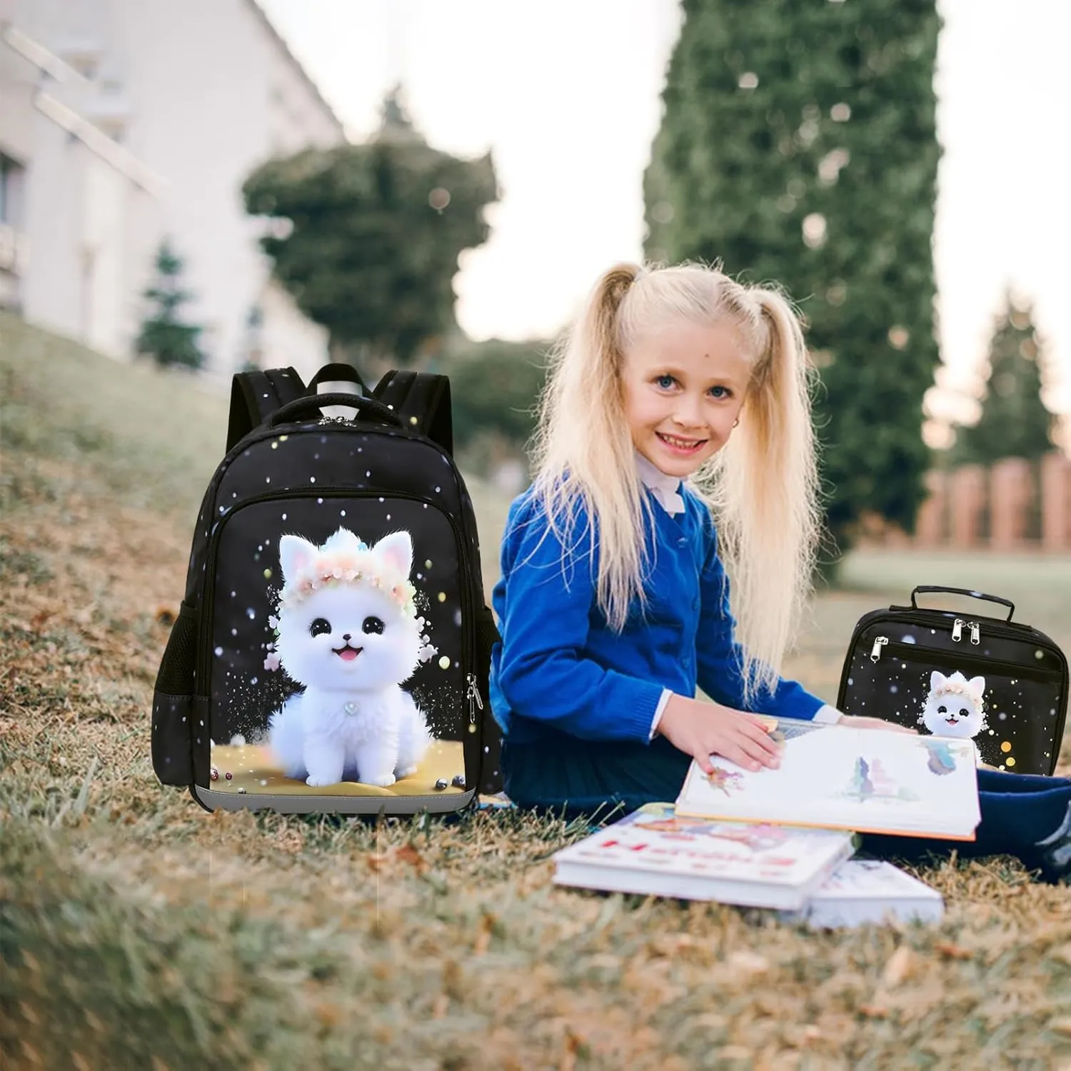 Octsky Kids Backpack for Girls School Preschool Kindergarten Bookbag Lightweight With Chest Strap and Lunchbox (Dog)