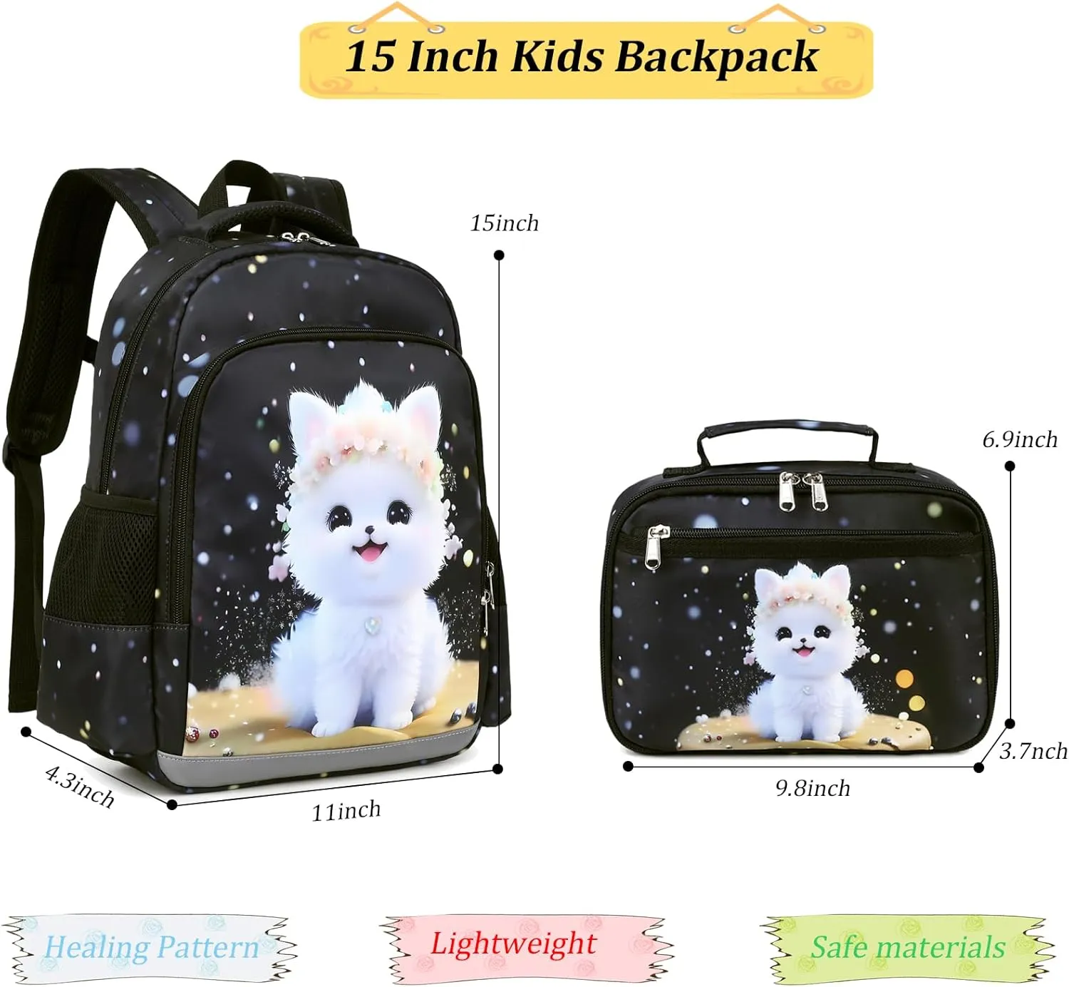 Octsky Kids Backpack for Girls School Preschool Kindergarten Bookbag Lightweight With Chest Strap and Lunchbox (Dog)