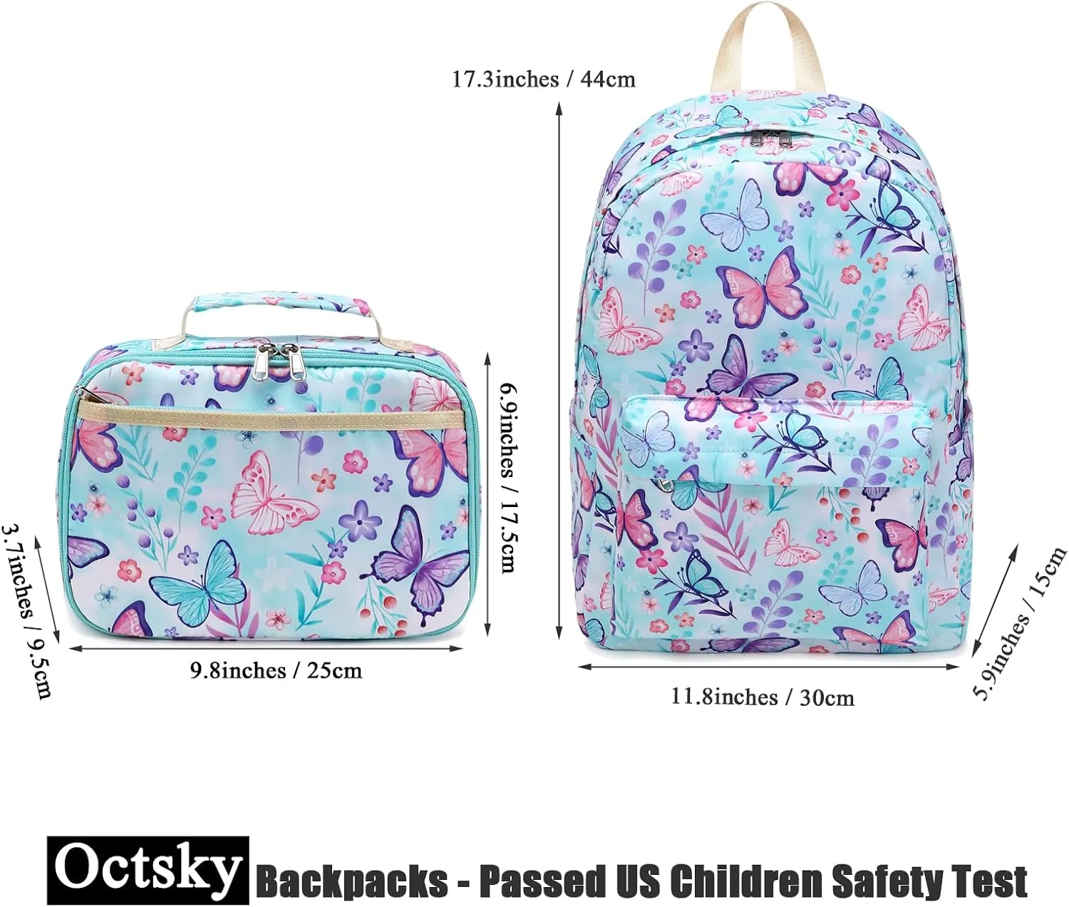 Octsky Kids Backpack for Girls Teens Elementary Middle School Bookbags Childs Back to School Bag with Lunch Box, Light Blue/Multi, One Size