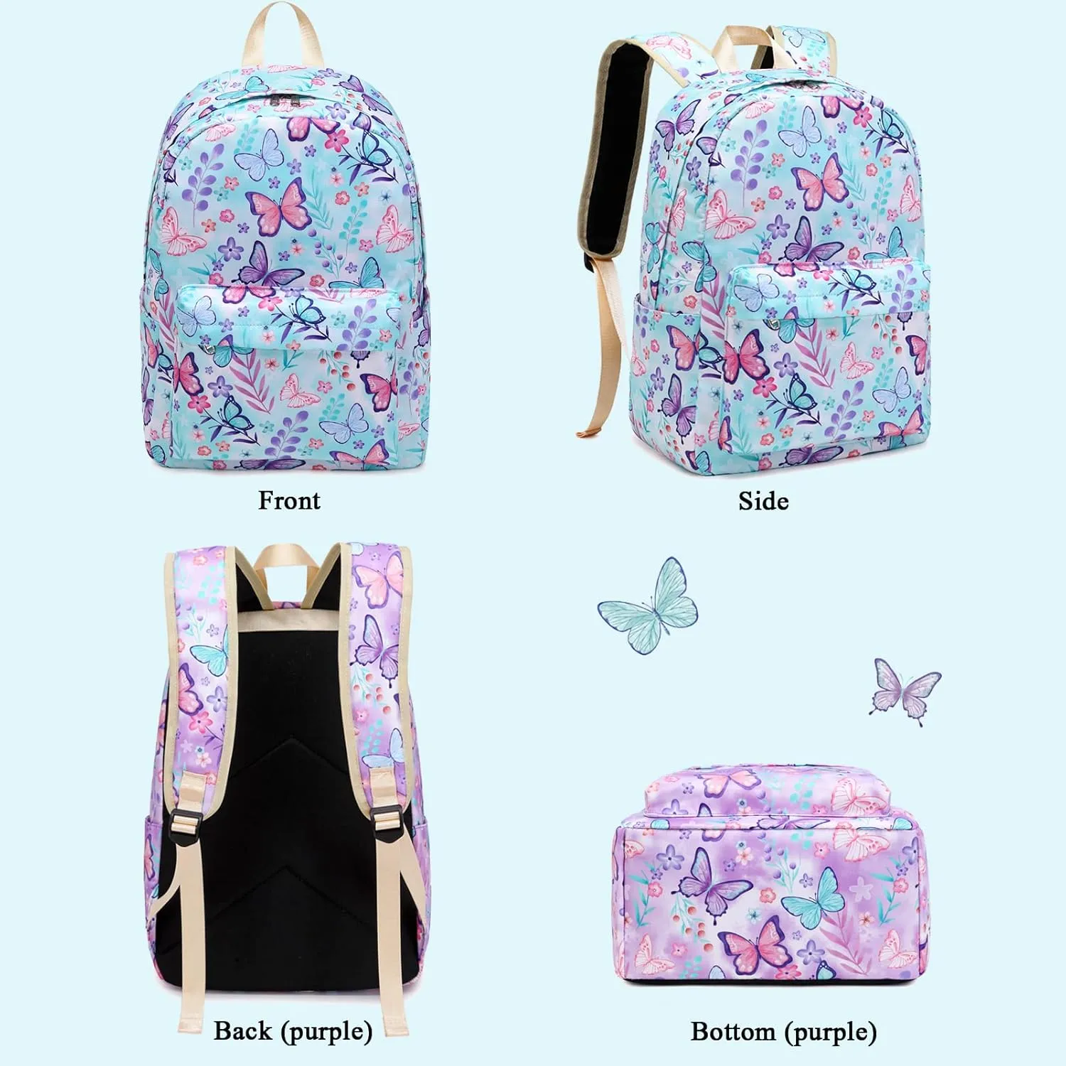 Octsky Kids Backpack for Girls Teens Elementary Middle School Bookbags Childs Back to School Bag with Lunch Box, Light Blue/Multi, One Size