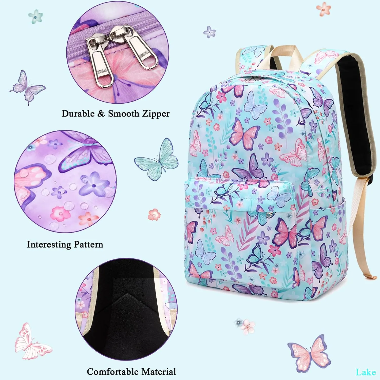 Octsky Kids Backpack for Girls Teens Elementary Middle School Bookbags Childs Back to School Bag with Lunch Box, Light Blue/Multi, One Size