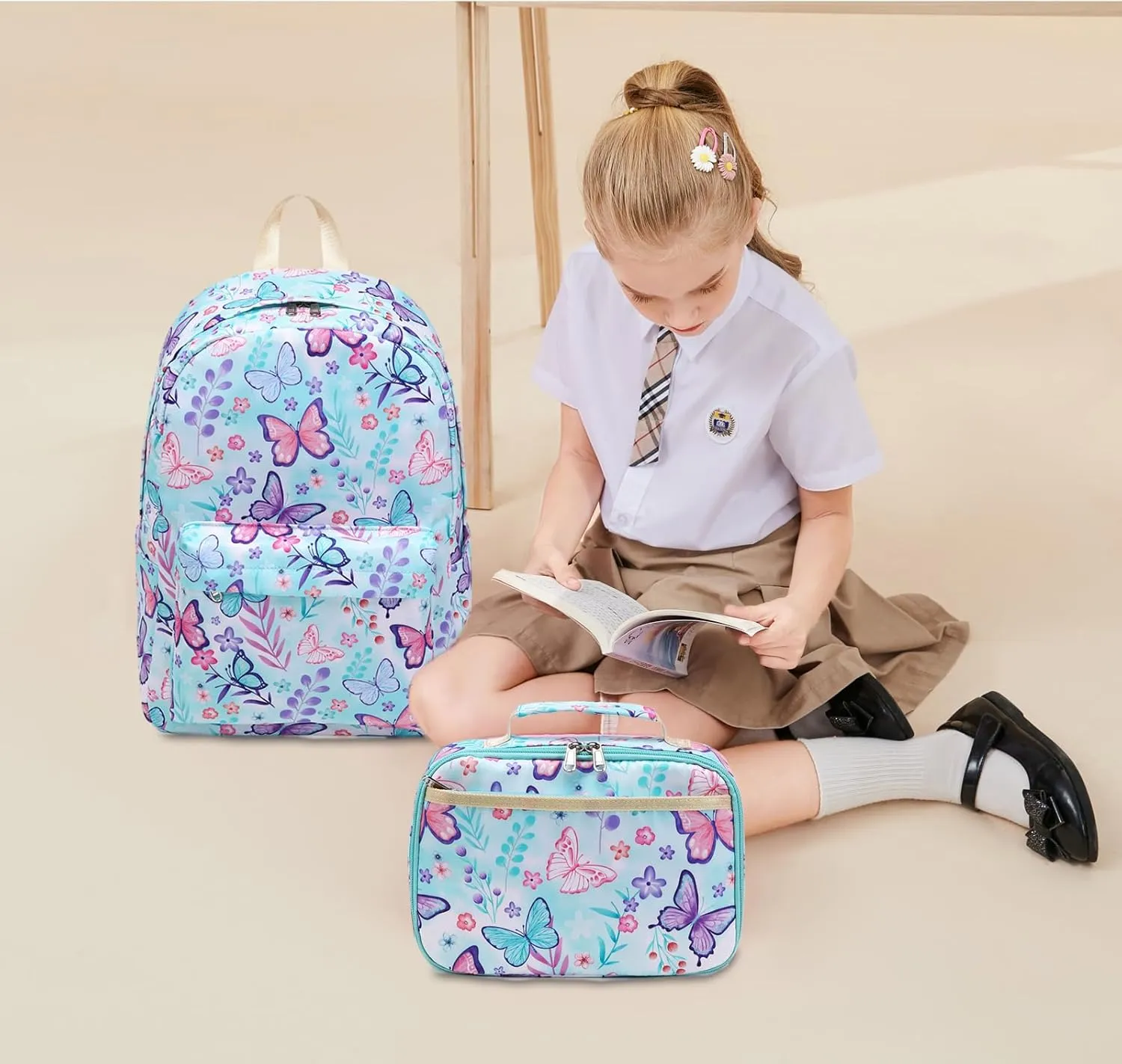 Octsky Kids Backpack for Girls Teens Elementary Middle School Bookbags Childs Back to School Bag with Lunch Box, Light Blue/Multi, One Size