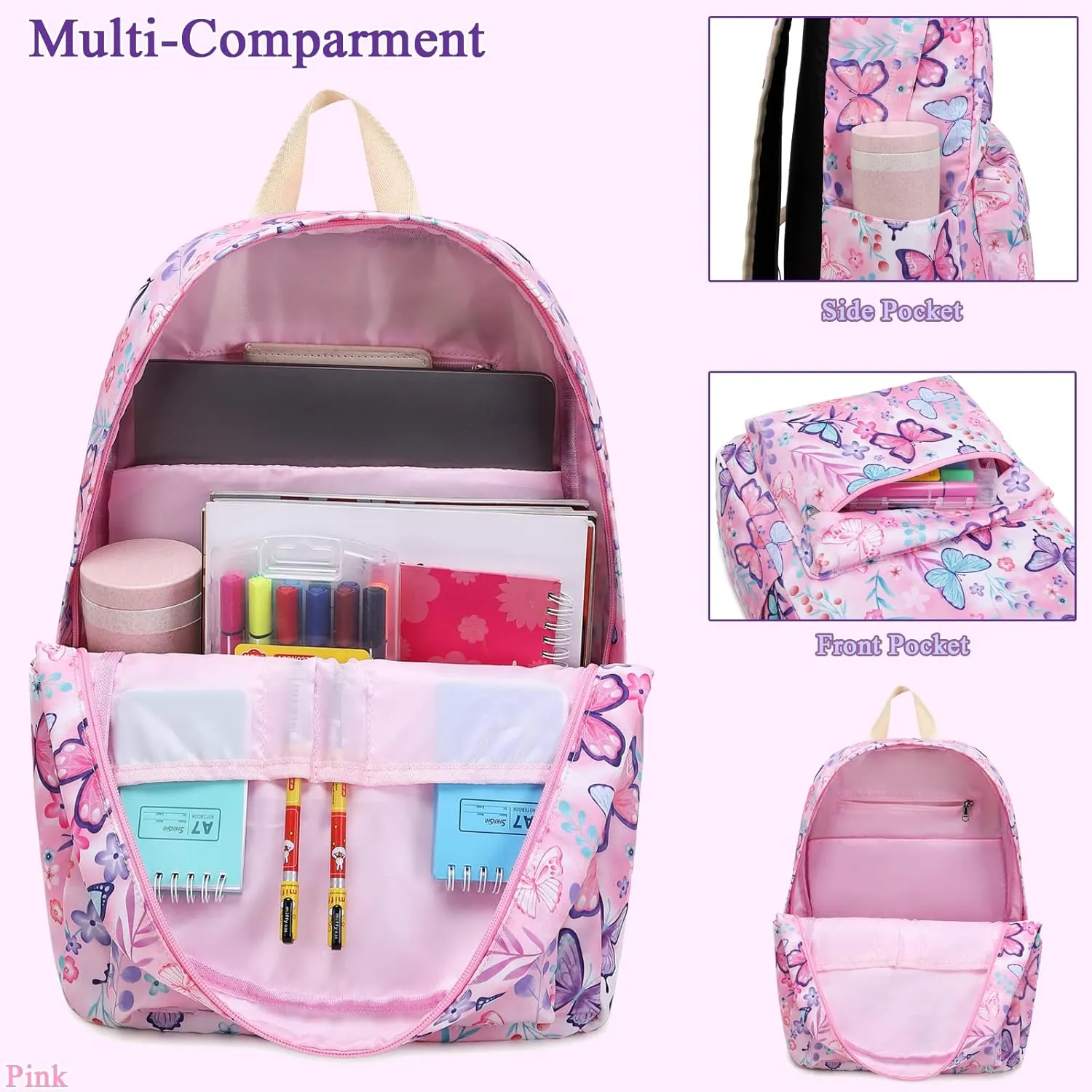 Octsky Kids Backpack for Girls Teens Elementary Middle School Bookbags Childs Back to School Bag with Lunch Box, Light Blue/Multi, One Size