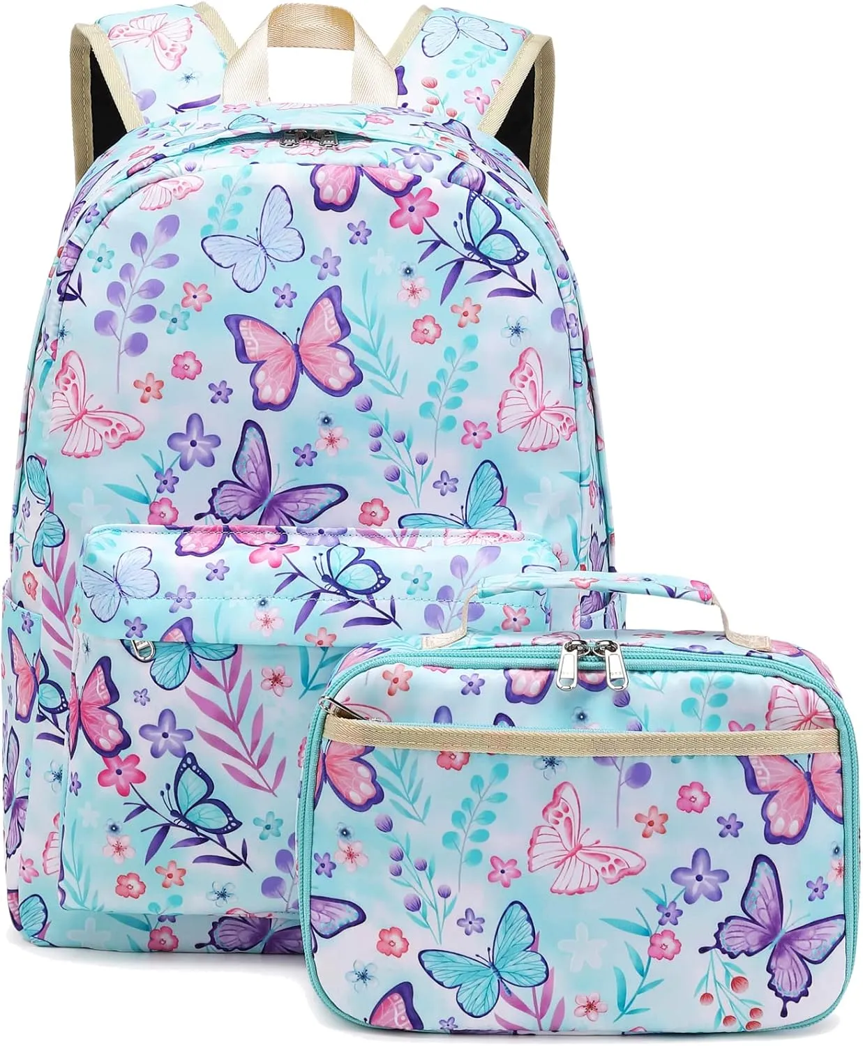 Octsky Kids Backpack for Girls Teens Elementary Middle School Bookbags Childs Back to School Bag with Lunch Box, Light Blue/Multi, One Size