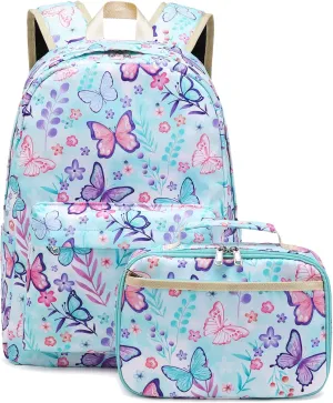 Octsky Kids Backpack for Girls Teens Elementary Middle School Bookbags Childs Back to School Bag with Lunch Box, Light Blue/Multi, One Size