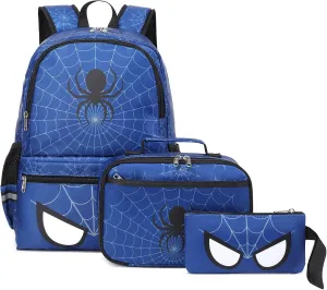 Octsky Kids Backpack for School Boys Backpack with Lunch Box Elementary Bookbag Backpack, Spider Bue 3pcs