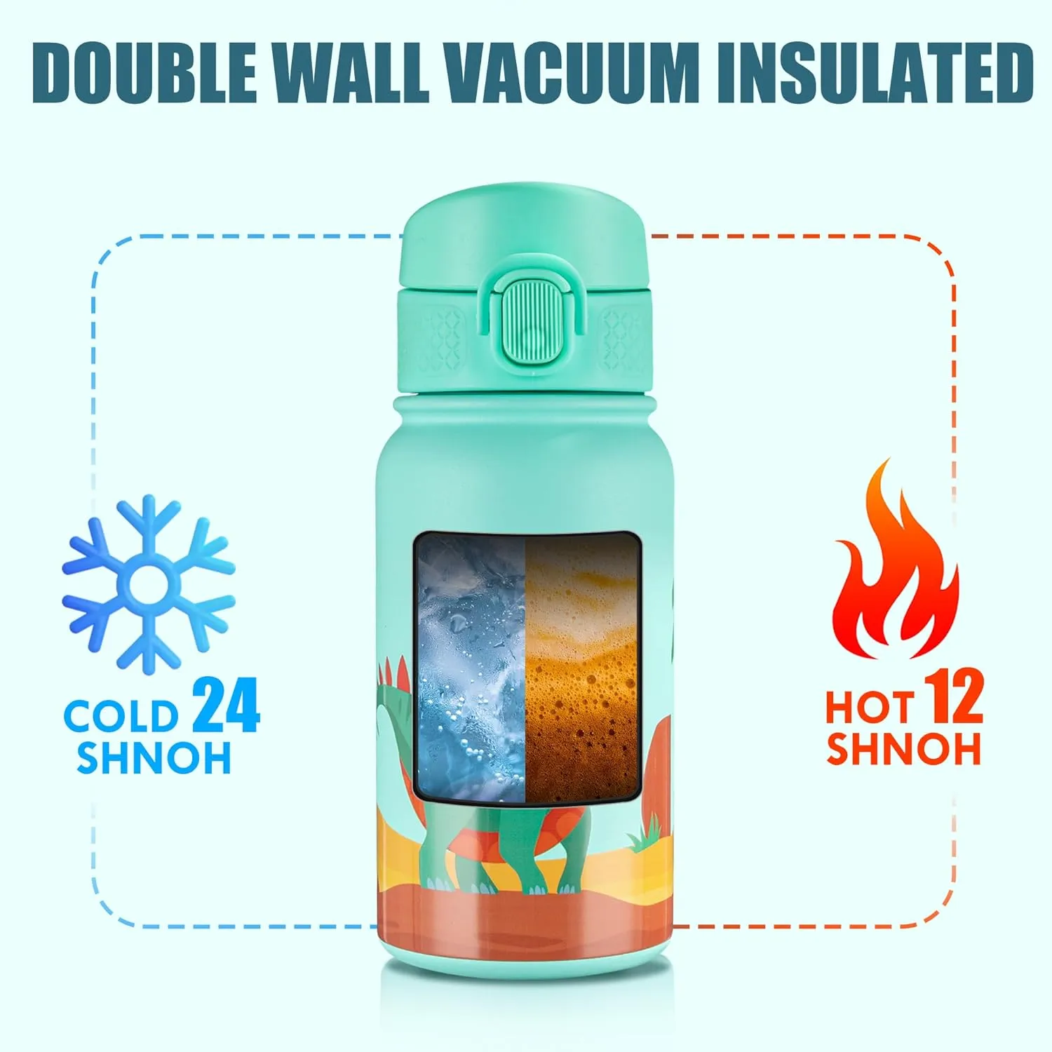 OLDLEY 12oz Kids Water Bottle, Stainless Steel Insulated Water Bottle For Kids, With Straws Leak-proof, Kids Water Bottles For School Boys Girls,Dinos