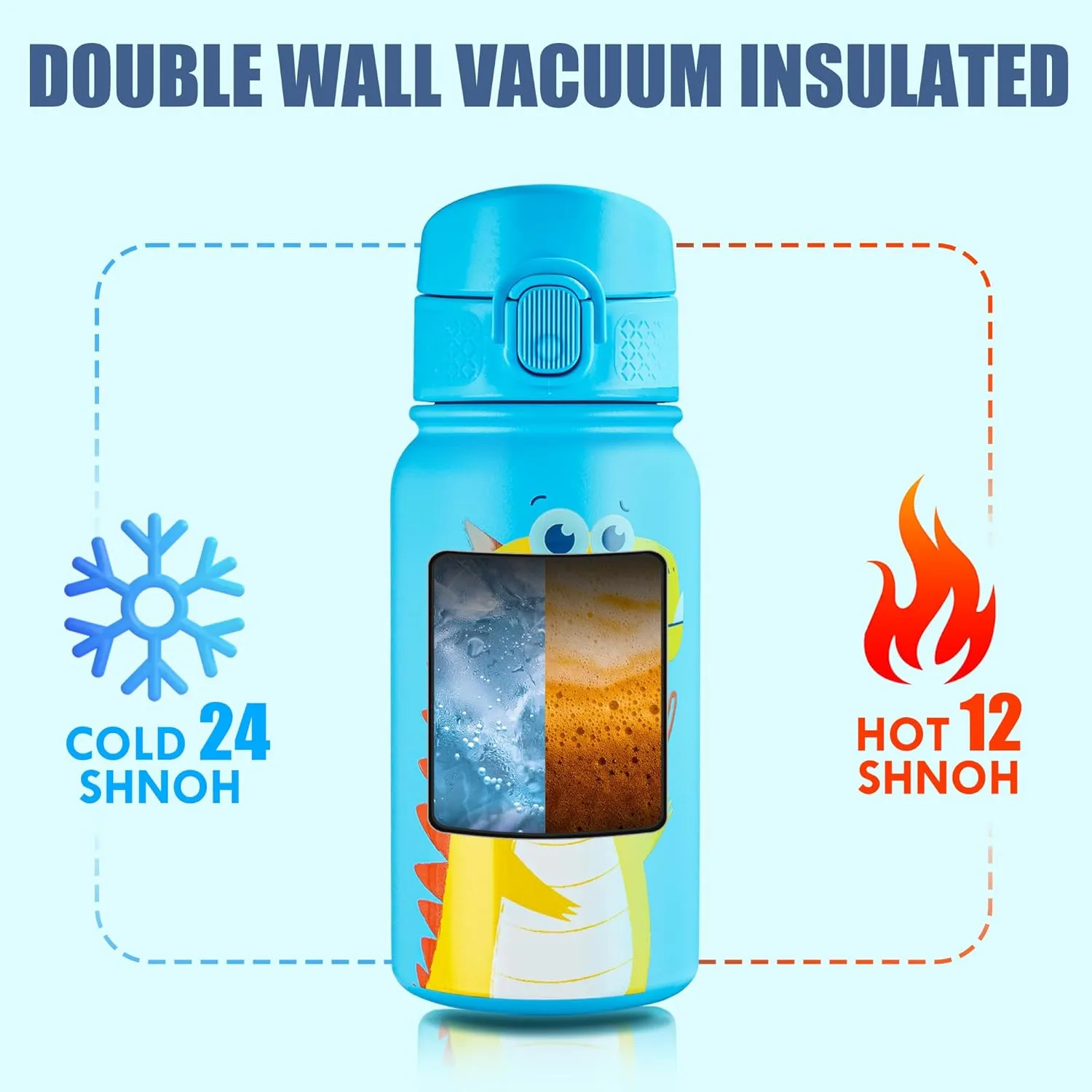 OLDLEY 12oz Kids Water Bottle, Stainless Steel Insulated Water Bottle For Kids, With Straws Leak-proof, Kids Water Bottles For School Boys Girls,Dinosaur