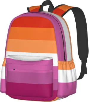 Orange Magenta Lesbian Pride Flag 17 Inch Casual Backpack Laptop Backpacks Travel Back Pack Large Camping Rucksack Hiking Daypack Lightweight Double Shoulder Bag