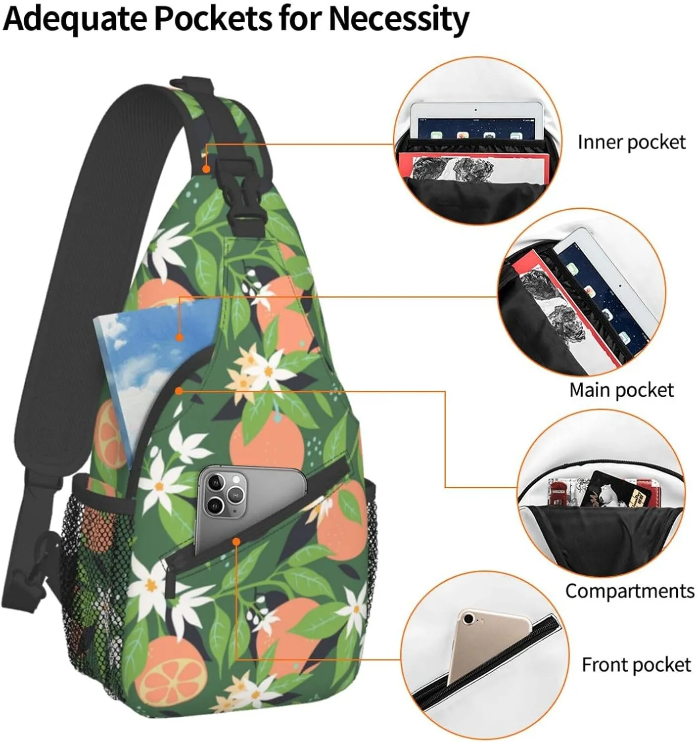 Oranges Flowers Blossom Botany Sling Bag for Men Women Crossbody Backpack Hiking Travel Daypack Shoulder Chest Bag with Adjustable Strap