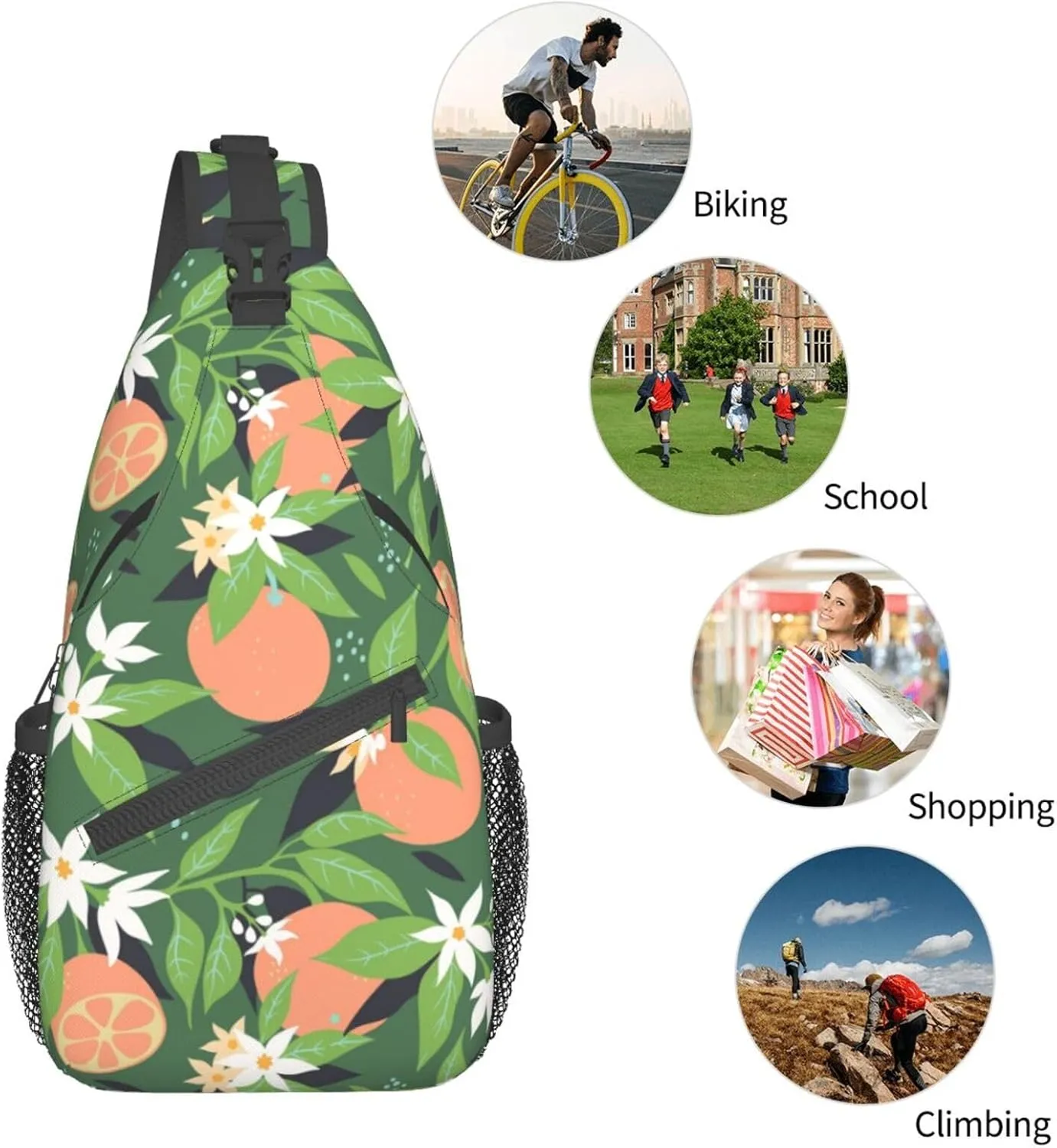 Oranges Flowers Blossom Botany Sling Bag for Men Women Crossbody Backpack Hiking Travel Daypack Shoulder Chest Bag with Adjustable Strap