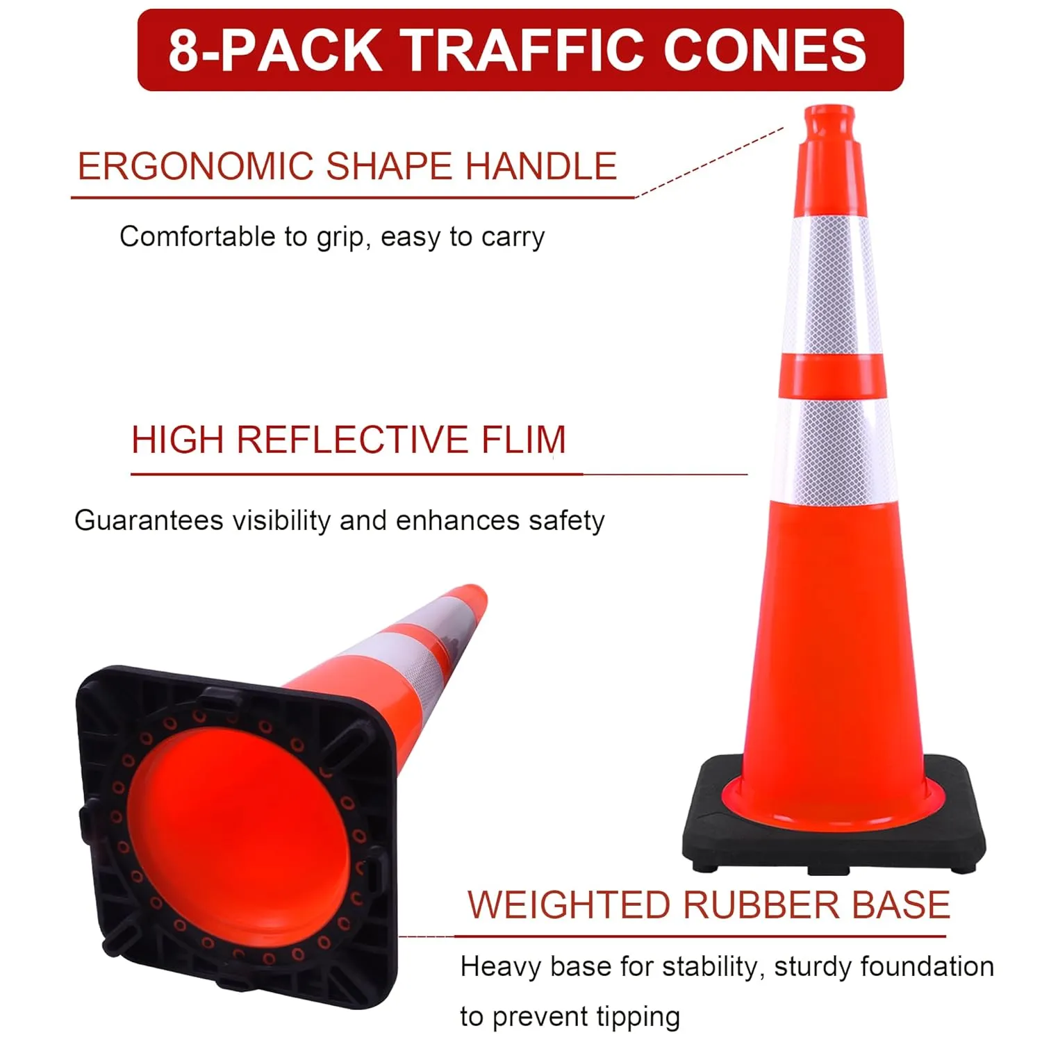 OrangeStar 8 Pack 28" Traffic Safety Cones, Orange Cones Construction Cones w/Reflective Collar, Heavy Duty Base for Driving Practice, Parking Lots and Roadwork