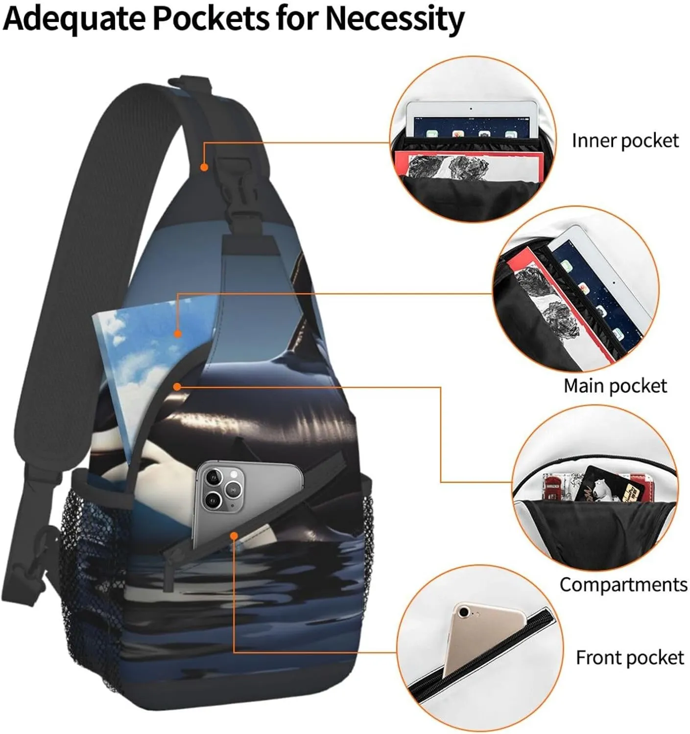 Orca Killer Whale print Print Sling Backpack, Sling Bag, Crossbody Chest Bag Daypack, for Hiking Travel