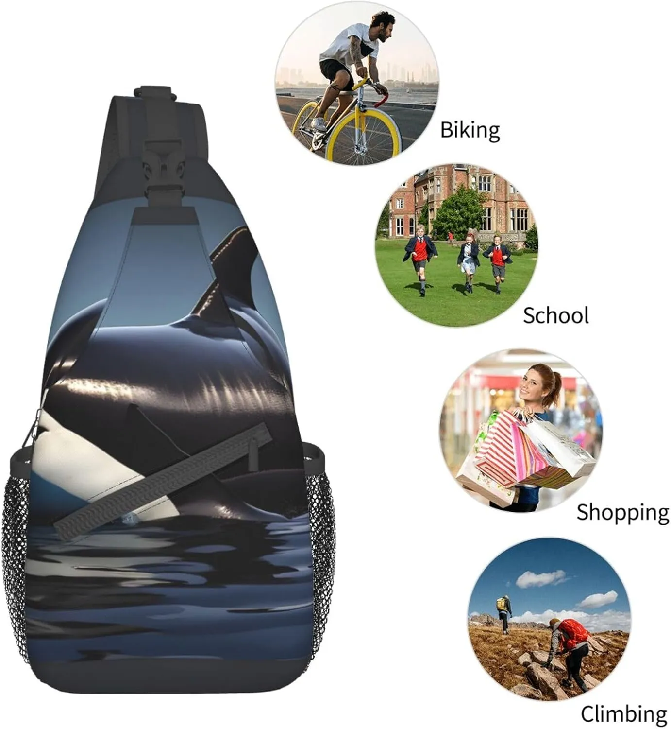 Orca Killer Whale print Print Sling Backpack, Sling Bag, Crossbody Chest Bag Daypack, for Hiking Travel