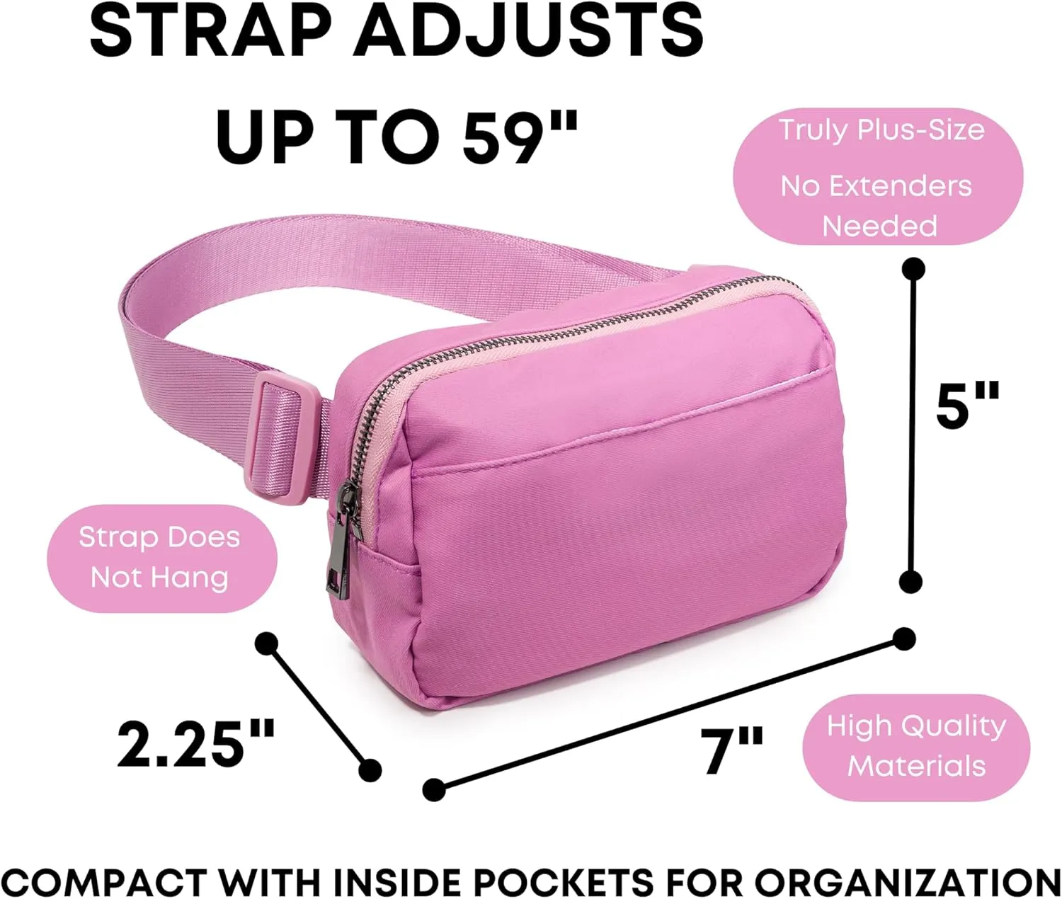 Organized Fanny Pack up to 59”, Pink Crossbody Belt Bag, Plus Size 6 pockets, credit card slots, hole for dog bags, waist bag, kids women men gift, by Midnight Run