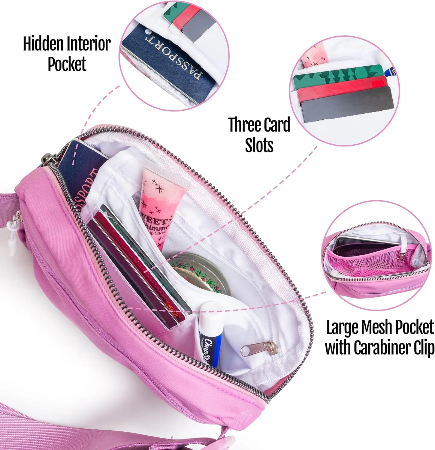 Organized Fanny Pack up to 59”, Pink Crossbody Belt Bag, Plus Size 6 pockets, credit card slots, hole for dog bags, waist bag, kids women men gift, by Midnight Run