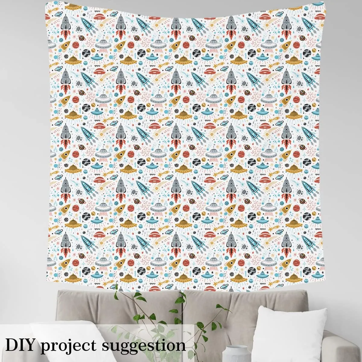 Outer Space Fabric by The Yard - Kids Boys Space Ship Rocket Decorative Cartoon Universe Stars Planet Upholstery - Cosmos Meteorite Outdoor Patchwork Quilt for Sewing, 5 Yards