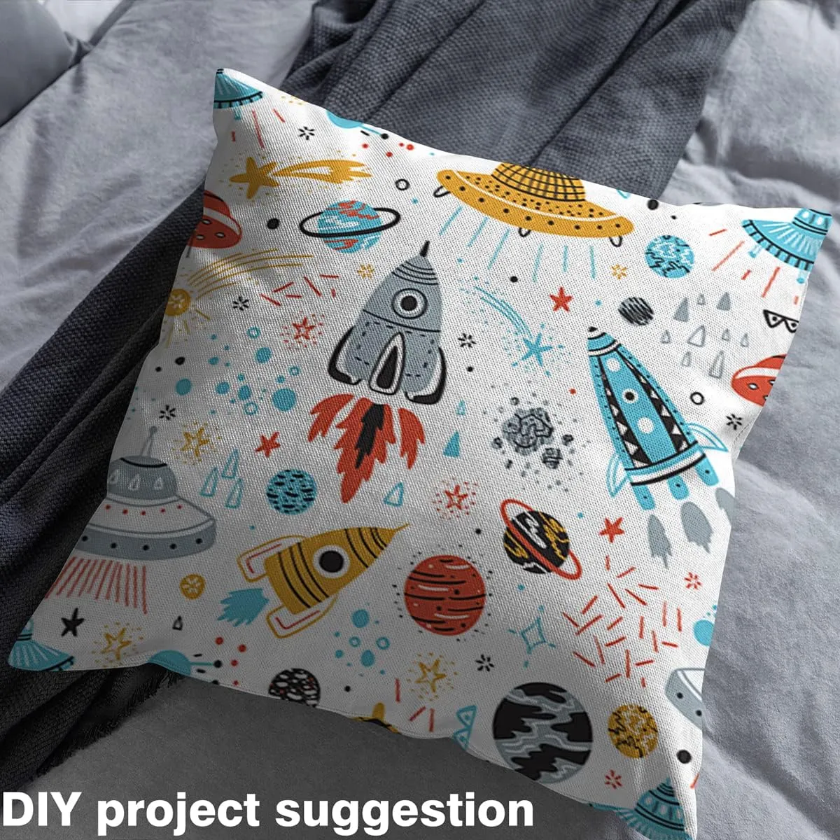 Outer Space Fabric by The Yard - Kids Boys Space Ship Rocket Decorative Cartoon Universe Stars Planet Upholstery - Cosmos Meteorite Outdoor Patchwork Quilt for Sewing, 5 Yards
