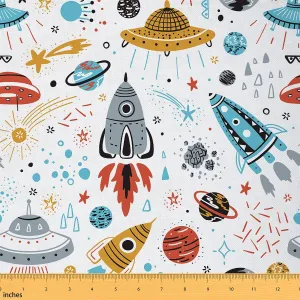 Outer Space Fabric by The Yard - Kids Boys Space Ship Rocket Decorative Cartoon Universe Stars Planet Upholstery - Cosmos Meteorite Outdoor Patchwork Quilt for Sewing, 5 Yards