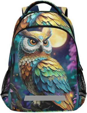 Owl Colorful Feathers Moon Backpack for Boys Girls Elementary School Bag Kids Travel Bags Casual Rucksack Laptop Bookbag
