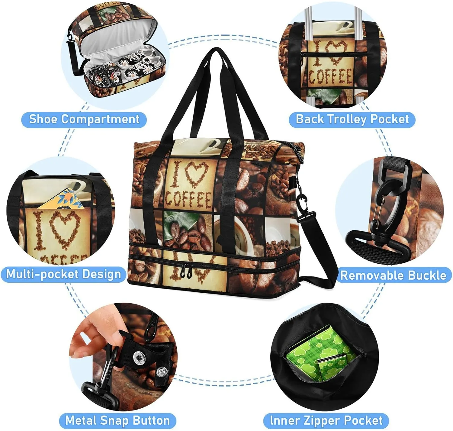 Oyihfvs Coffee Concept Collage Patchwork Foldable Travel Bag, Camping Luggage bag, Portable Gym Bag, Sports Bag, Toiletry Bag with Handles Adjustable Shoulder Strap