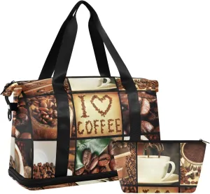 Oyihfvs Coffee Concept Collage Patchwork Foldable Travel Bag, Camping Luggage bag, Portable Gym Bag, Sports Bag, Toiletry Bag with Handles Adjustable Shoulder Strap