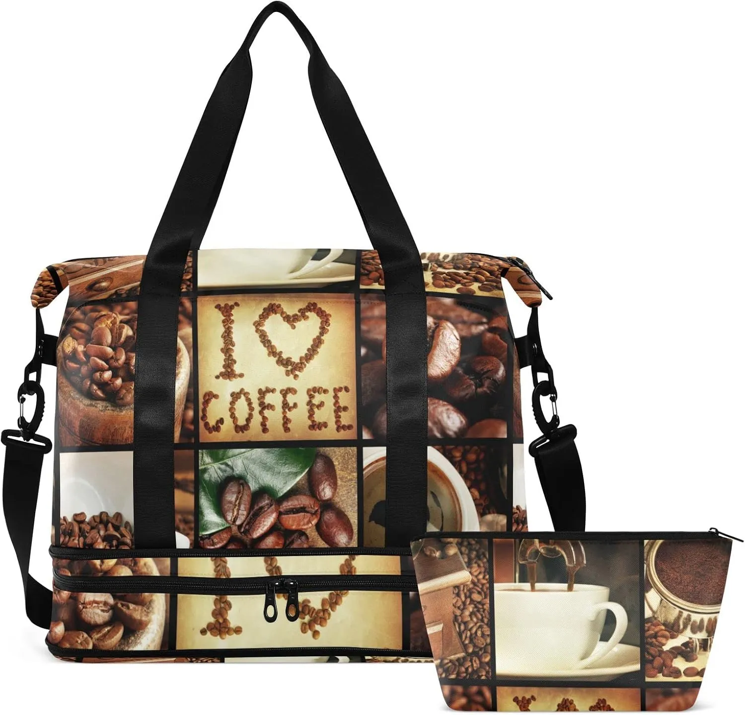 Oyihfvs Coffee Concept Collage Patchwork Foldable Travel Bag, Camping Luggage bag, Portable Gym Bag, Sports Bag, Toiletry Bag with Handles Adjustable Shoulder Strap