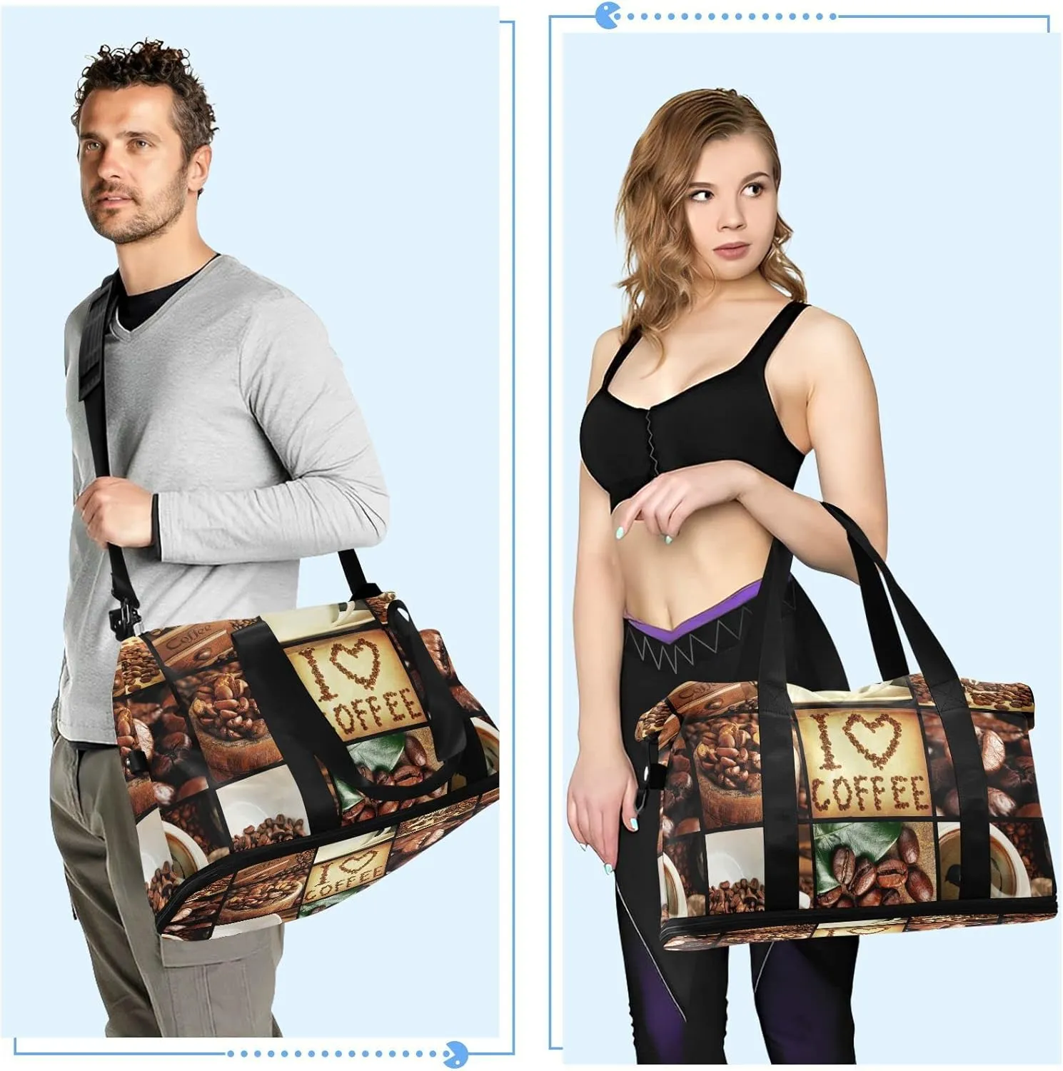 Oyihfvs Coffee Concept Collage Patchwork Foldable Travel Bag, Camping Luggage bag, Portable Gym Bag, Sports Bag, Toiletry Bag with Handles Adjustable Shoulder Strap