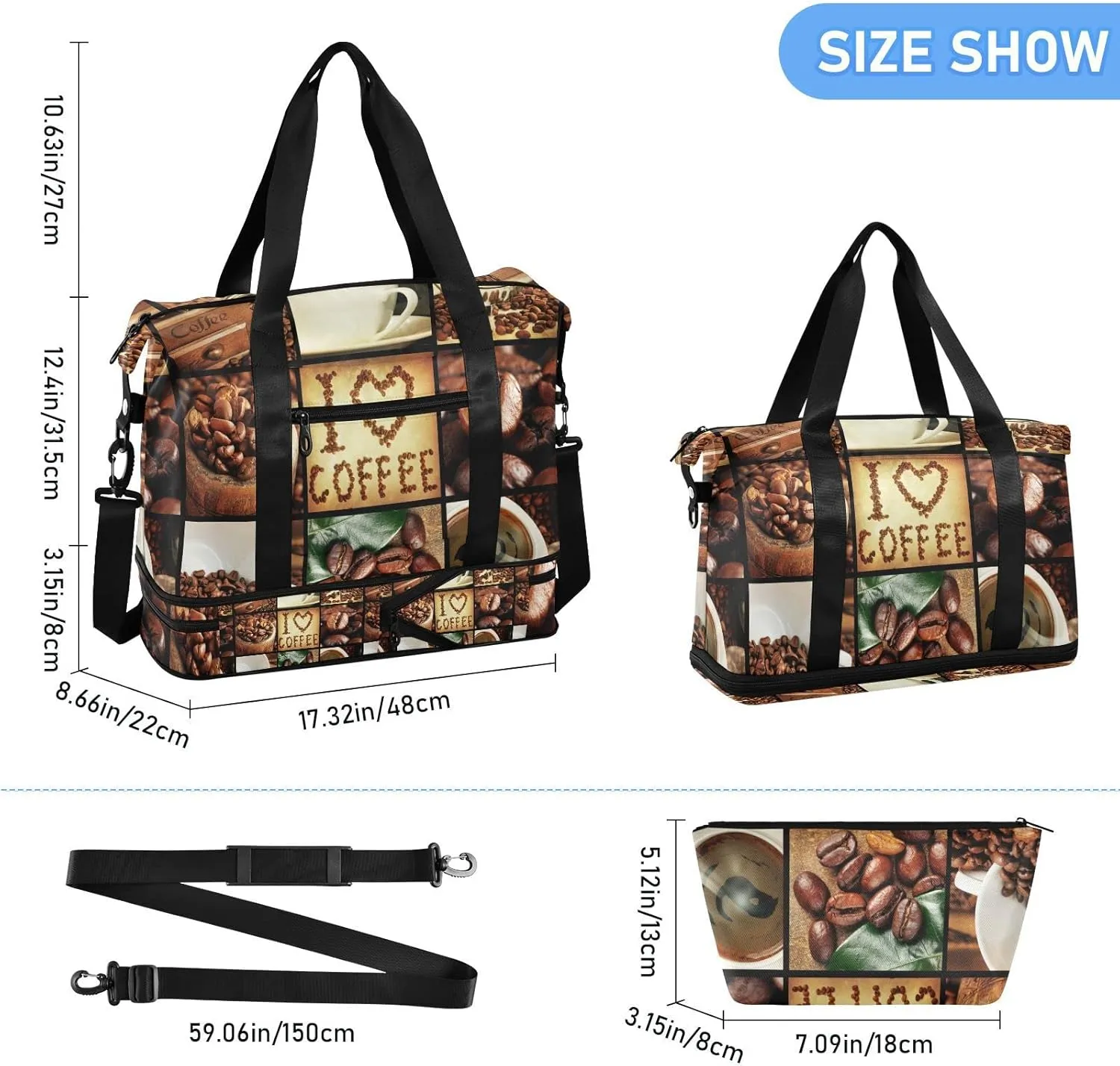Oyihfvs Coffee Concept Collage Patchwork Foldable Travel Bag, Camping Luggage bag, Portable Gym Bag, Sports Bag, Toiletry Bag with Handles Adjustable Shoulder Strap