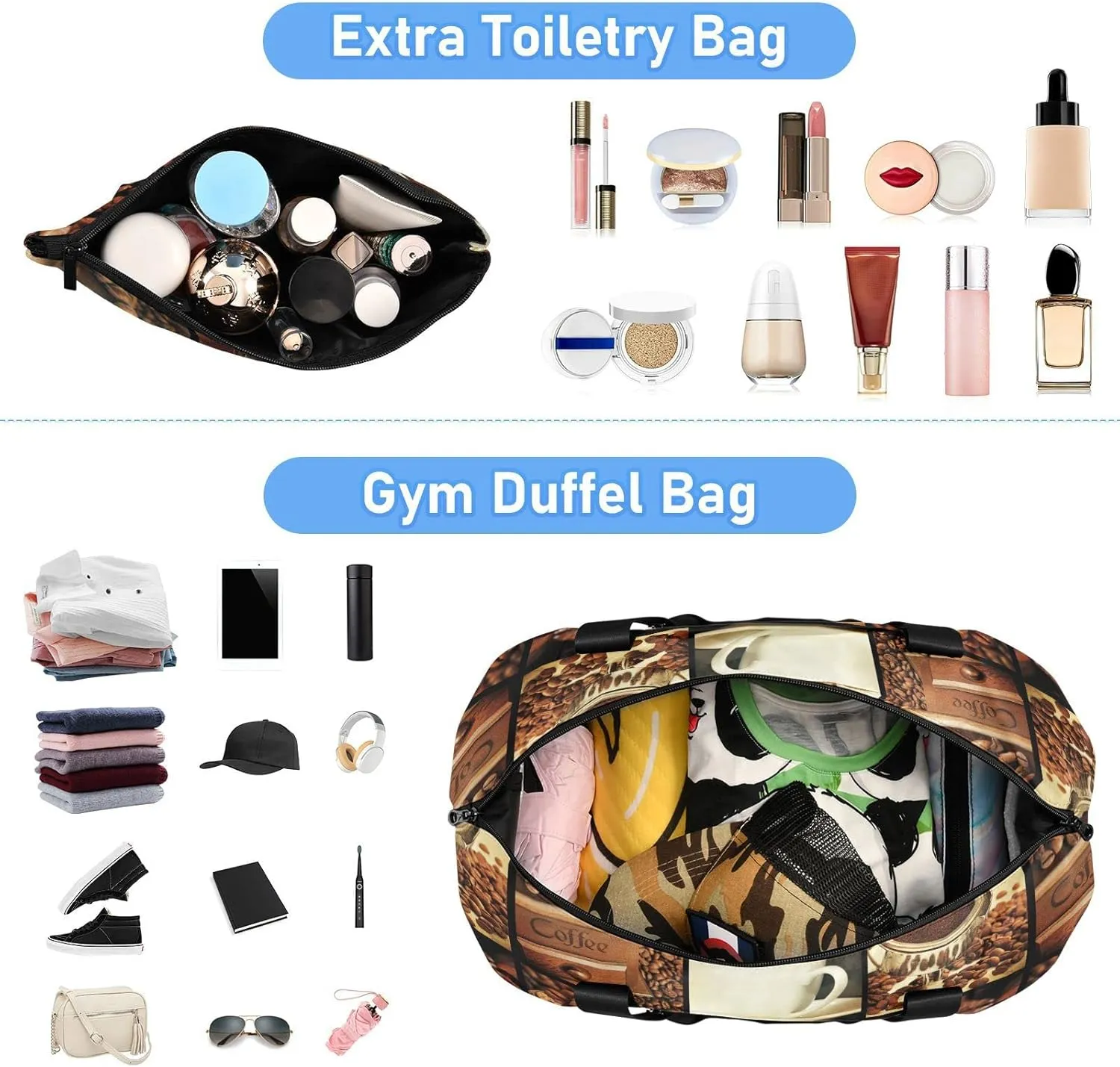 Oyihfvs Coffee Concept Collage Patchwork Foldable Travel Bag, Camping Luggage bag, Portable Gym Bag, Sports Bag, Toiletry Bag with Handles Adjustable Shoulder Strap