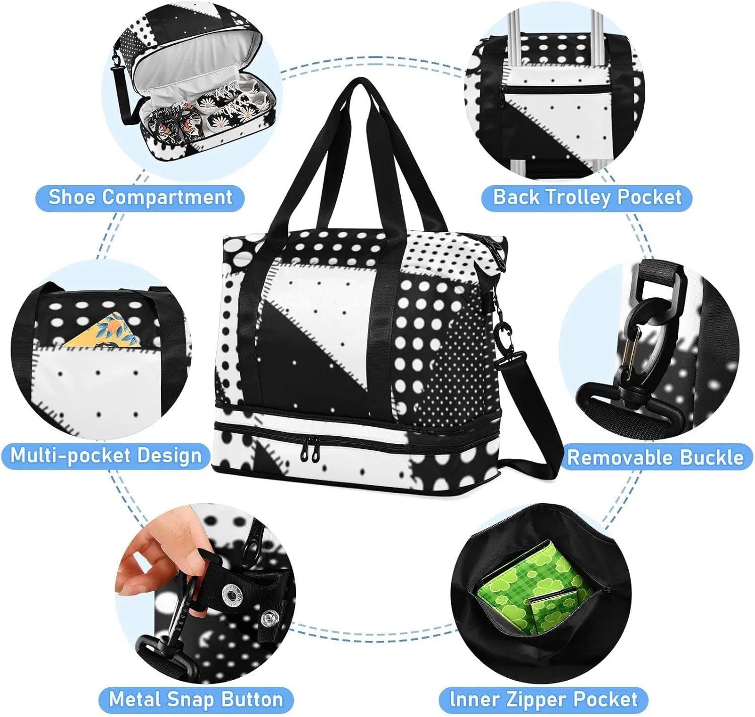 Oyihfvs Patchwork Polka Dot Black White Foldable Travel Bag, Camping Luggage bag, Portable Gym Bag, Sports Bag, Toiletry Bag with Handles Adjustable Shoulder Strap