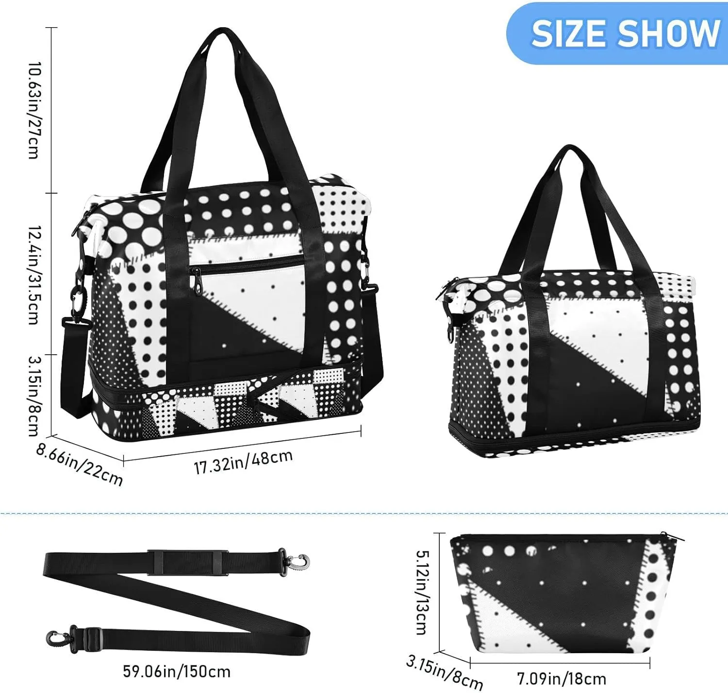 Oyihfvs Patchwork Polka Dot Black White Foldable Travel Bag, Camping Luggage bag, Portable Gym Bag, Sports Bag, Toiletry Bag with Handles Adjustable Shoulder Strap