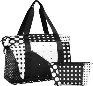 Oyihfvs Patchwork Polka Dot Black White Foldable Travel Bag, Camping Luggage bag, Portable Gym Bag, Sports Bag, Toiletry Bag with Handles Adjustable Shoulder Strap