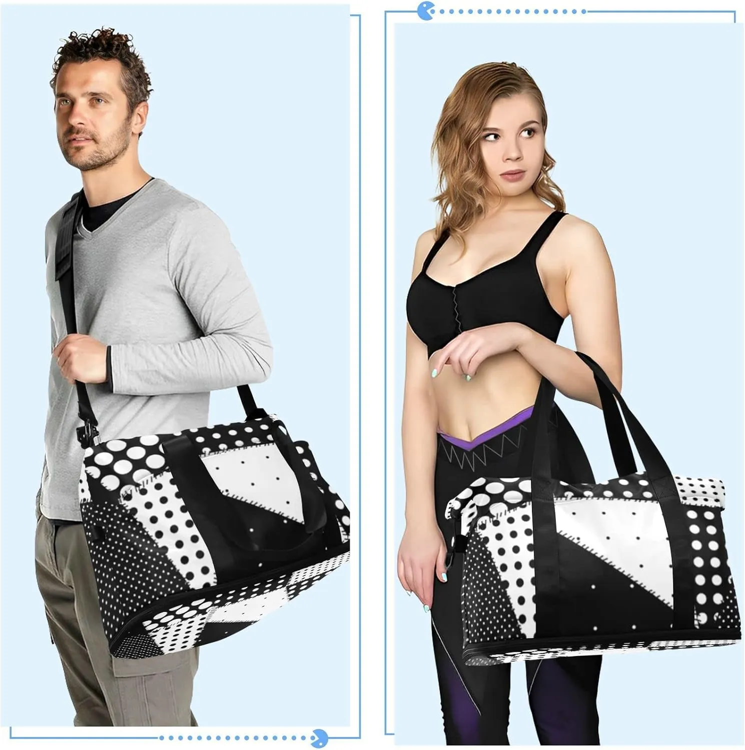 Oyihfvs Patchwork Polka Dot Black White Foldable Travel Bag, Camping Luggage bag, Portable Gym Bag, Sports Bag, Toiletry Bag with Handles Adjustable Shoulder Strap