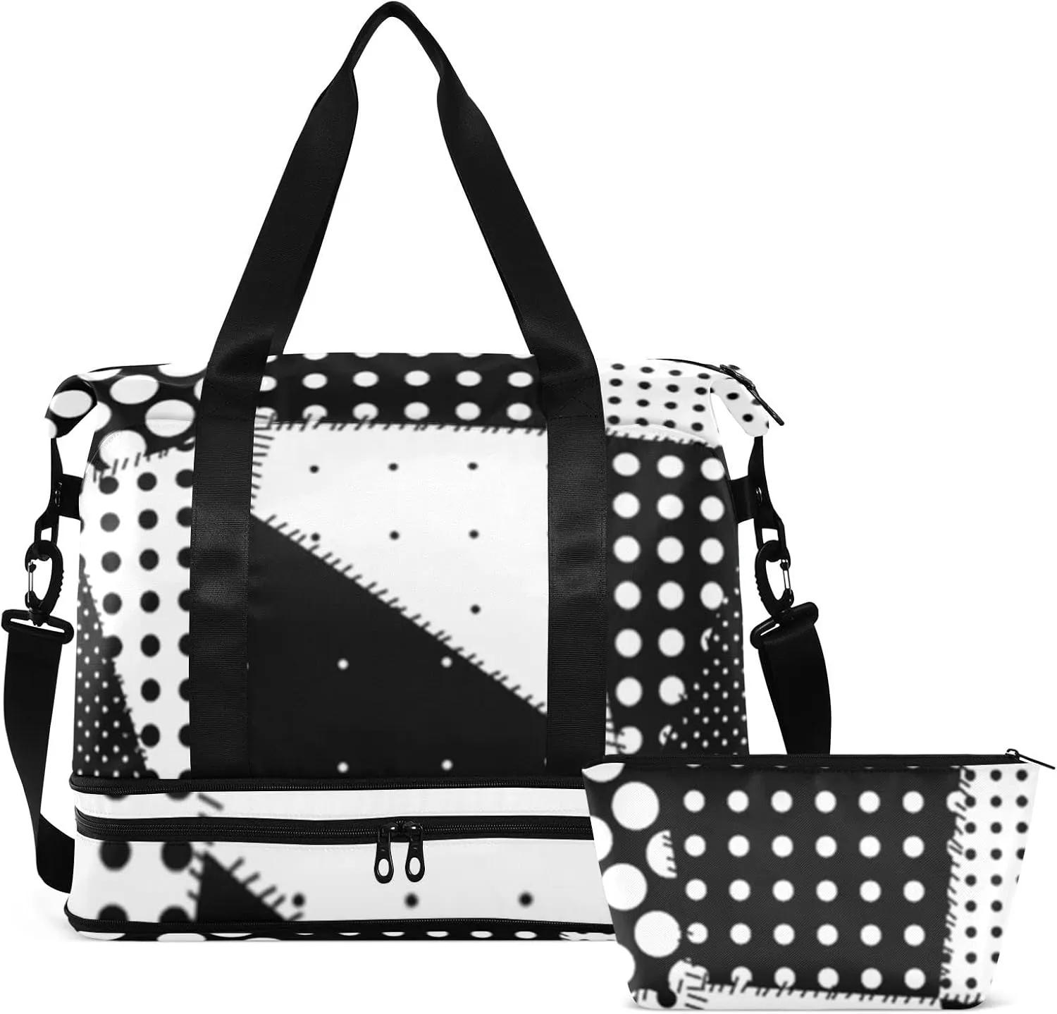 Oyihfvs Patchwork Polka Dot Black White Foldable Travel Bag, Camping Luggage bag, Portable Gym Bag, Sports Bag, Toiletry Bag with Handles Adjustable Shoulder Strap