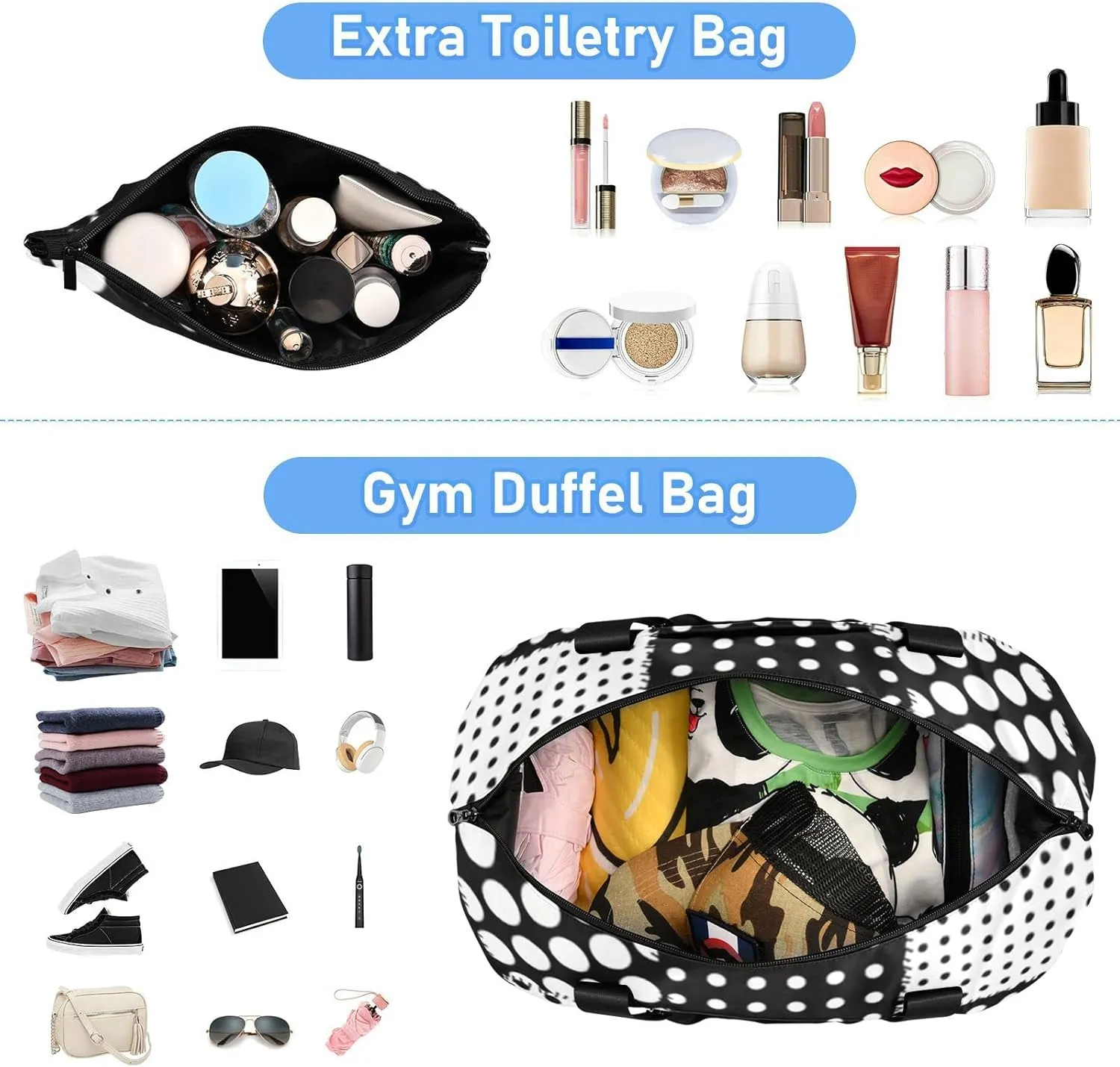 Oyihfvs Patchwork Polka Dot Black White Foldable Travel Bag, Camping Luggage bag, Portable Gym Bag, Sports Bag, Toiletry Bag with Handles Adjustable Shoulder Strap