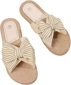 OYOANGLE Women's Striped Bow Flat Sandals Open Toe Slip On Beach Vacation Slides Sandal
