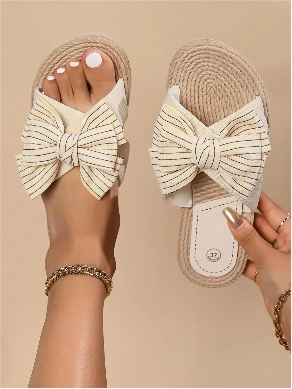 OYOANGLE Women's Striped Bow Flat Sandals Open Toe Slip On Beach Vacation Slides Sandal