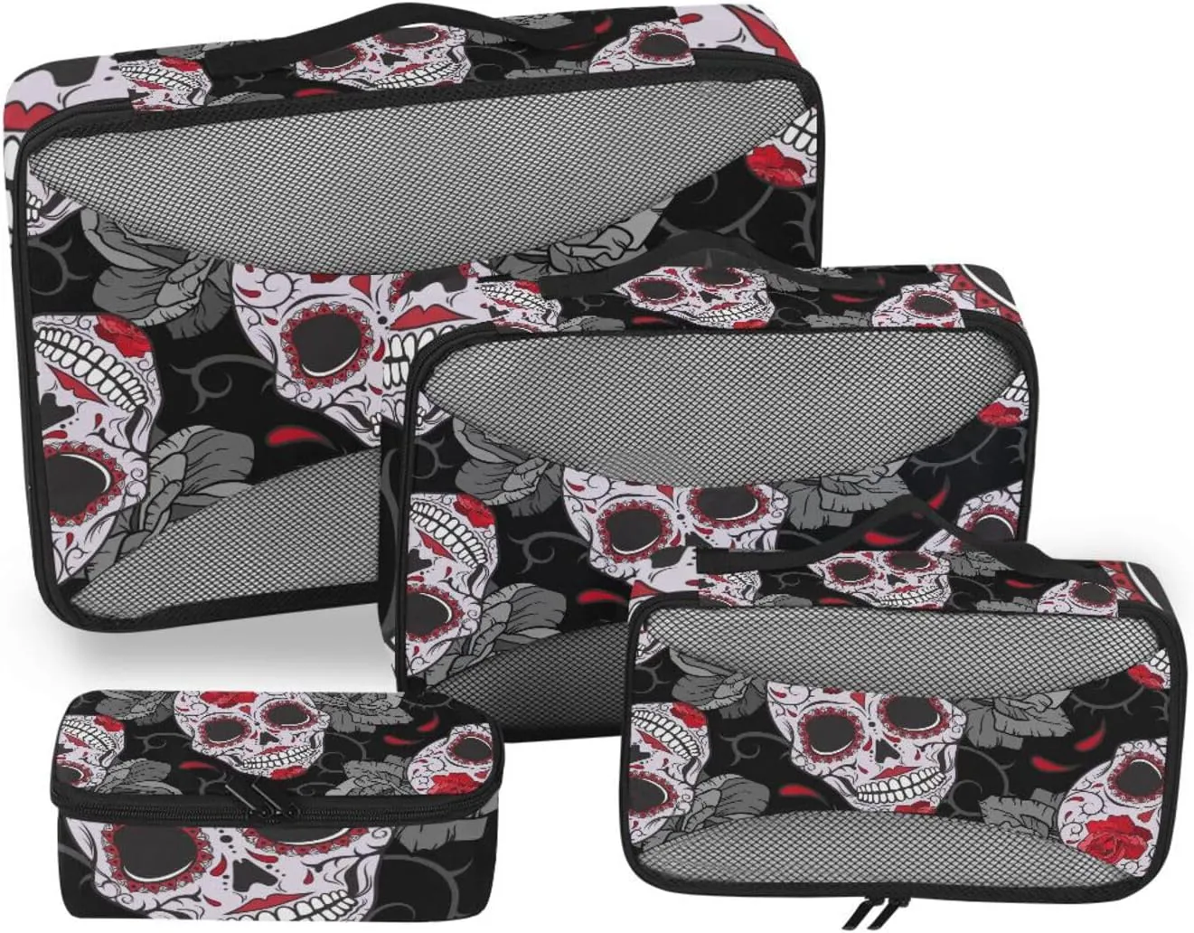 Packing Cubes for Travel 4 Set Gothic Skulls Roses Thorns Luggage Set Suitcase Organizer Bags Mesh Accessories Storage Pouch Toiletry Packing Cubes