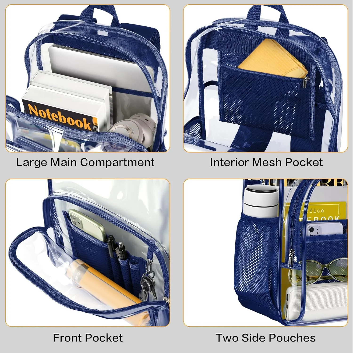 PAMANO Clear Backpack, Heavy Duty Transparent Backpack with Reinforced Bottom See Through for College, Travel, Workplace Security, Navy