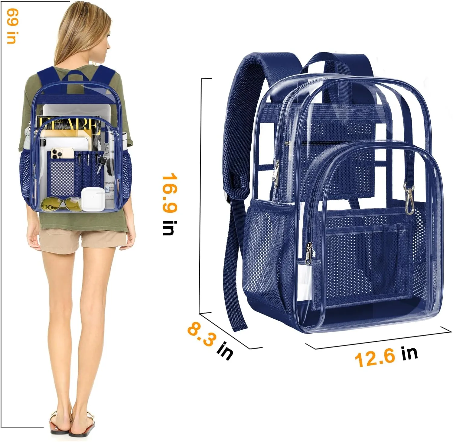 PAMANO Clear Backpack, Heavy Duty Transparent Backpack with Reinforced Bottom See Through for College, Travel, Workplace Security, Navy