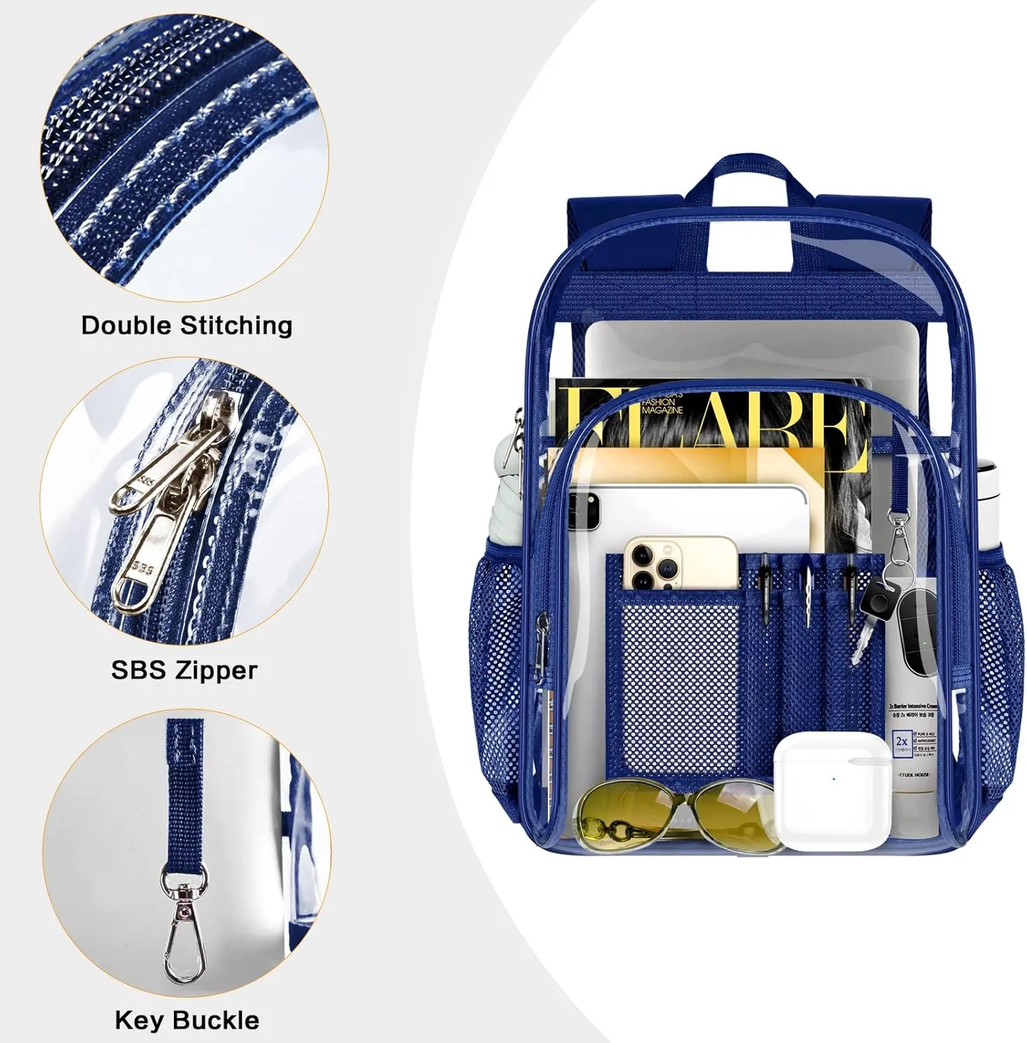 PAMANO Clear Backpack, Heavy Duty Transparent Backpack with Reinforced Bottom See Through for College, Travel, Workplace Security, Navy